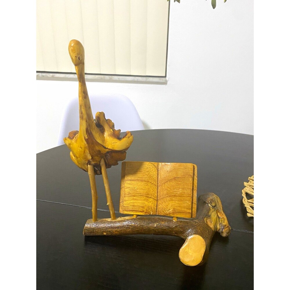 Vintage MCM Burl Wood Bird Sculpture with Carved Book Folk Art Desk Organizer
